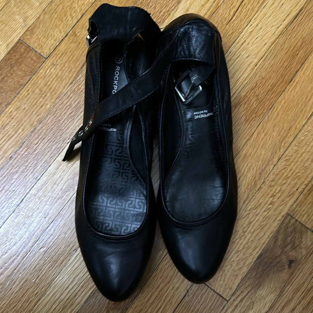 Black wedge leather shoes with ankle strap